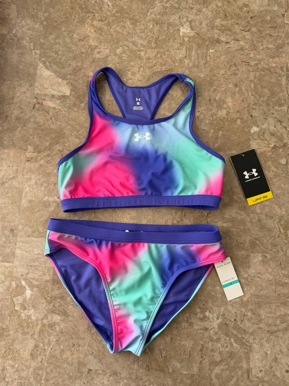 UNDER ARMOUR Girl's Size 16 two pieces Polka Party Blur Racer Bikini Purple Pin